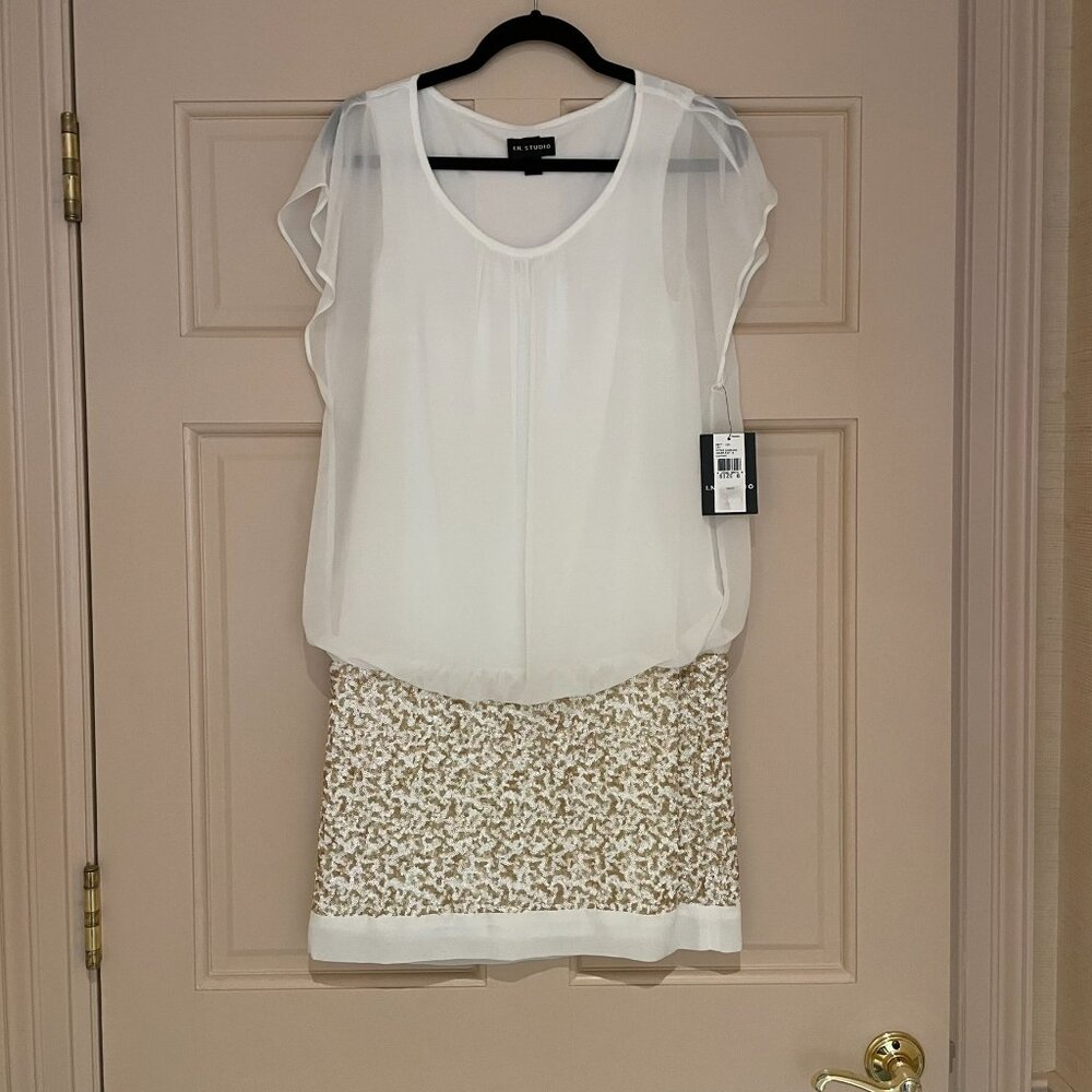 I.N. Studio Party Cocktail Dress White Gold Sequin Size 6
